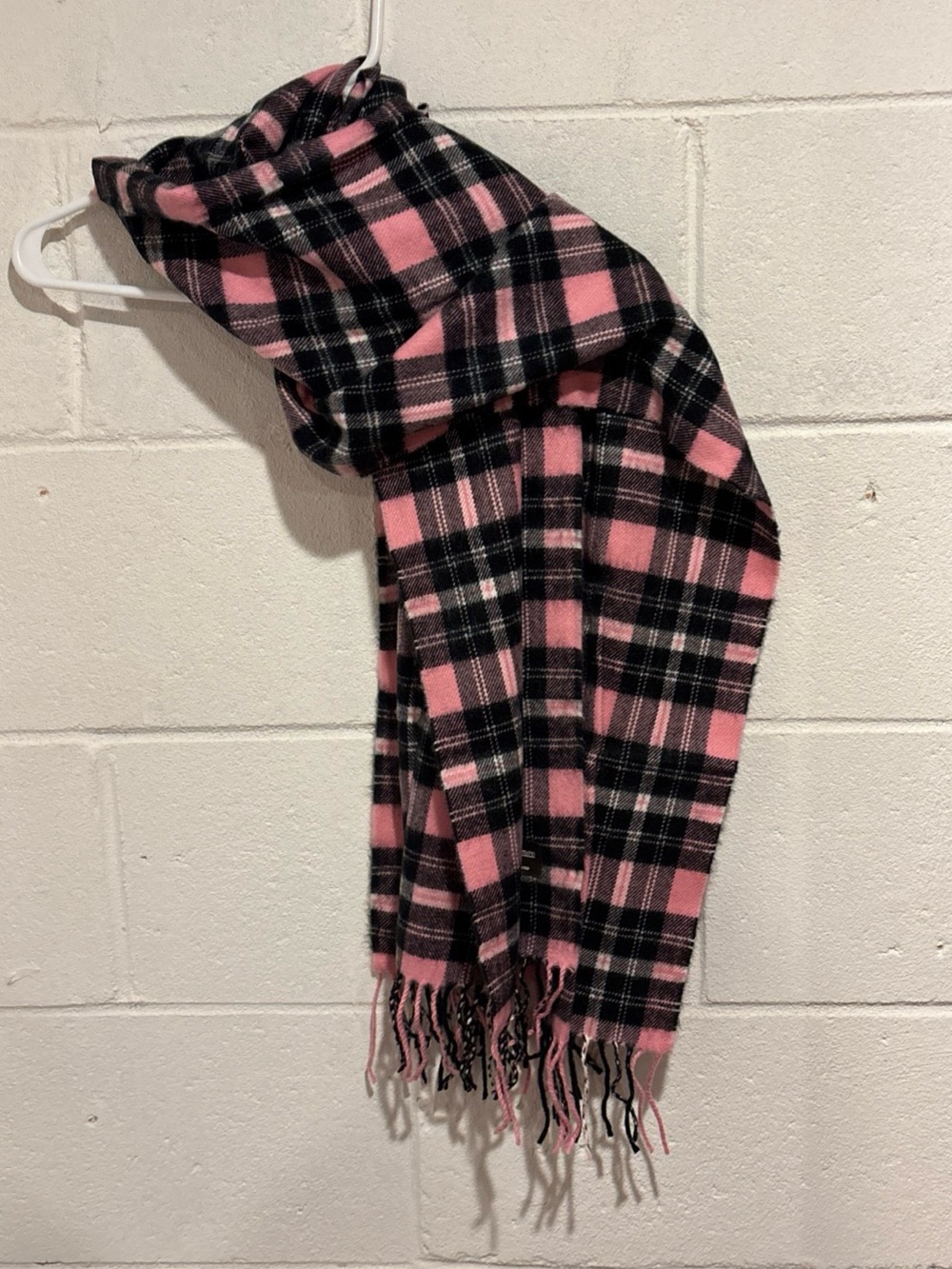 100% Cashmere Scarf pink black plaid fringe hem made in Scotland